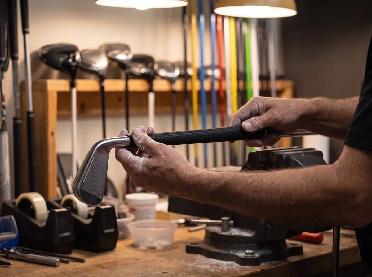 Golf club fitter installing a new grip on an iron in a club fitting workshop