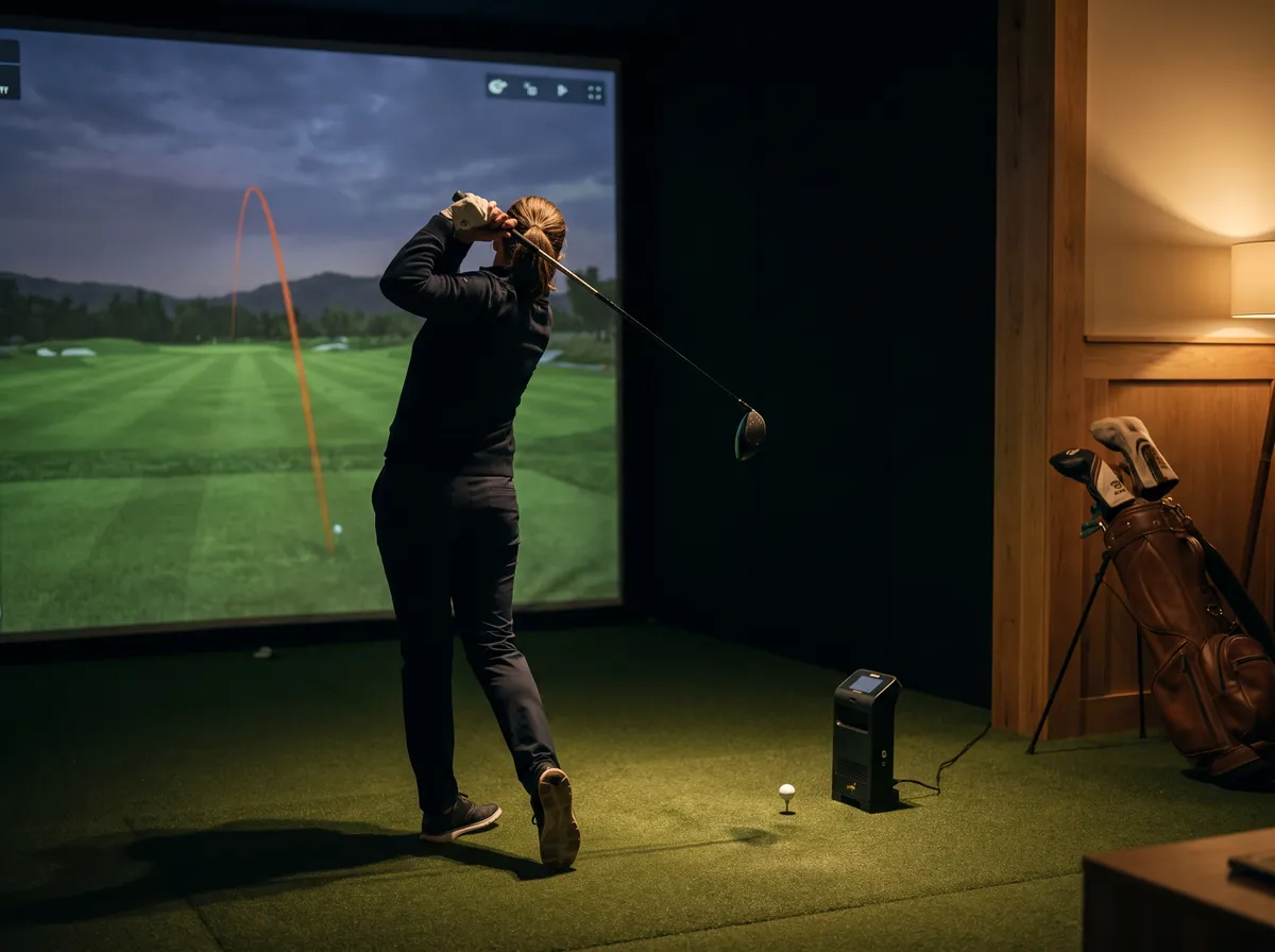 Golfer practicing a driver swing in an indoor Trackman golf simulator bay