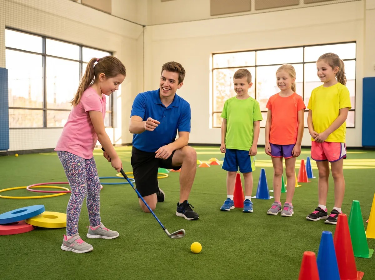 Kids in an indoor junior golf class with a coach, colorful targets and cones