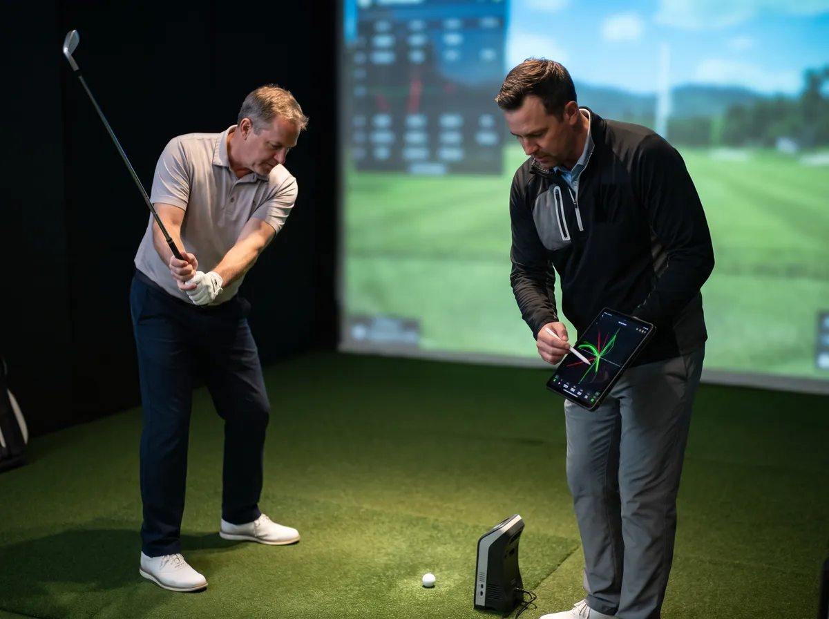 PGA golf coach reviewing Trackman swing data on a tablet during a private indoor golf lesson