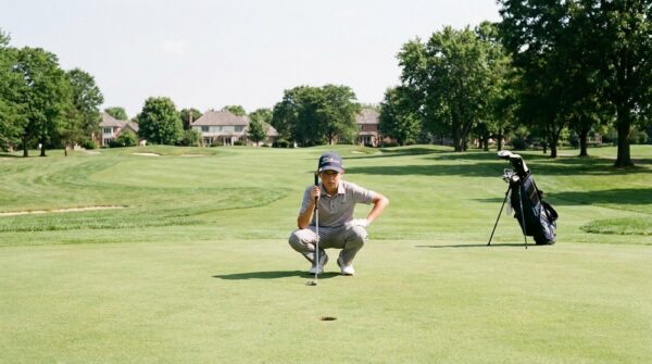 Junior golfer reading a putt during a competitive round on a Chicago North Shore golf course.